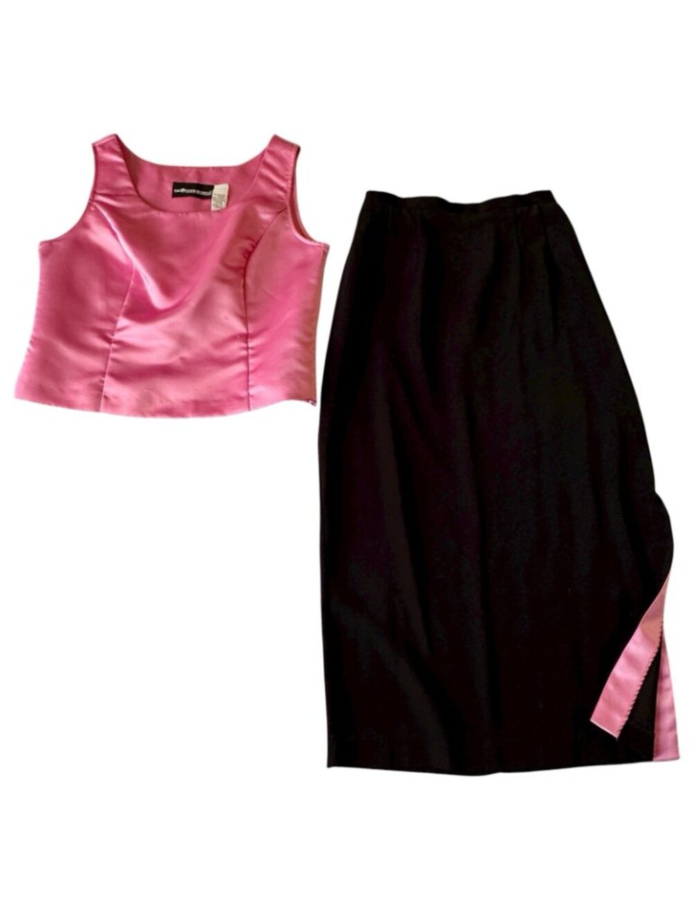 Mid-Century Style Suit 3pc Women's Sz 8 Jacket Black Knit Pink Satin Midi Skirt - Picture 2 of 16